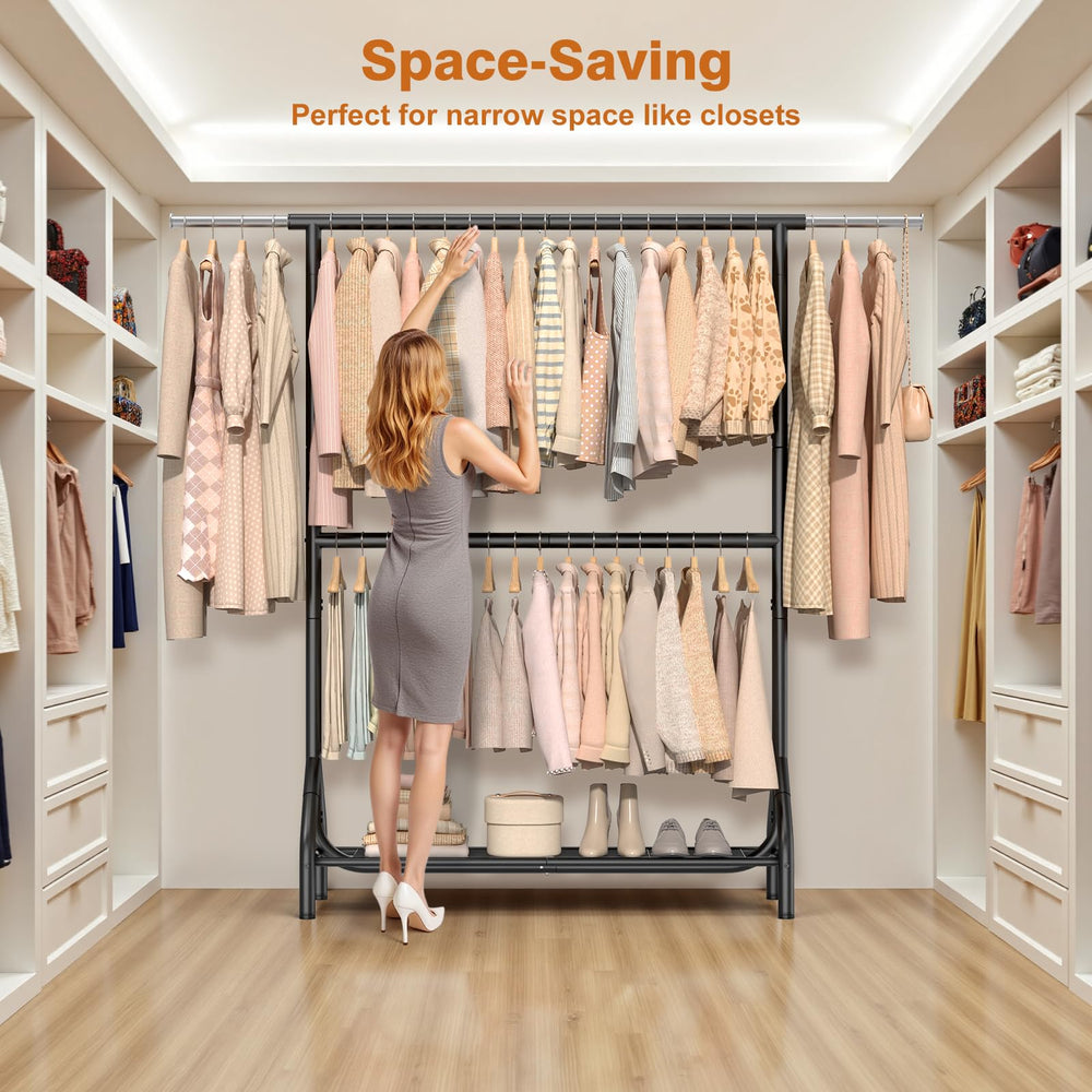 Double Rod Clothing Rack with Storage Shelves