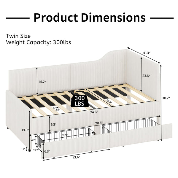 Twin L-Shaped Upholstered Daybed with Storage Drawers