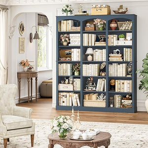 6-Tier Triple Wide Bookcase with Arched Design, 18 Open Shelves