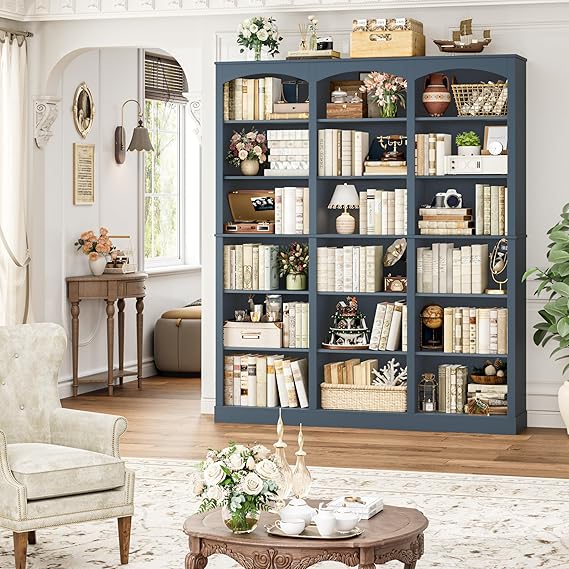 6-Tier Triple Wide Bookcase with Arched Design, 18 Open Shelves