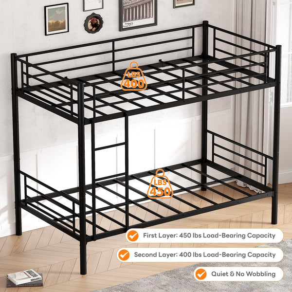 Metal Twin Over Twin Bunk Bed with Ladders & Safety Rails