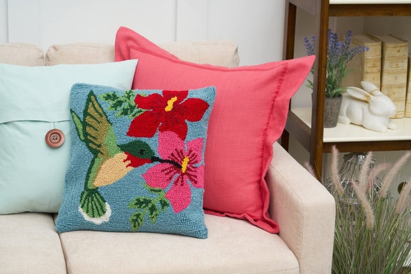 Hummingbird Floral Hooked Accent Throw Pillow 16" x 16" Multicolored
