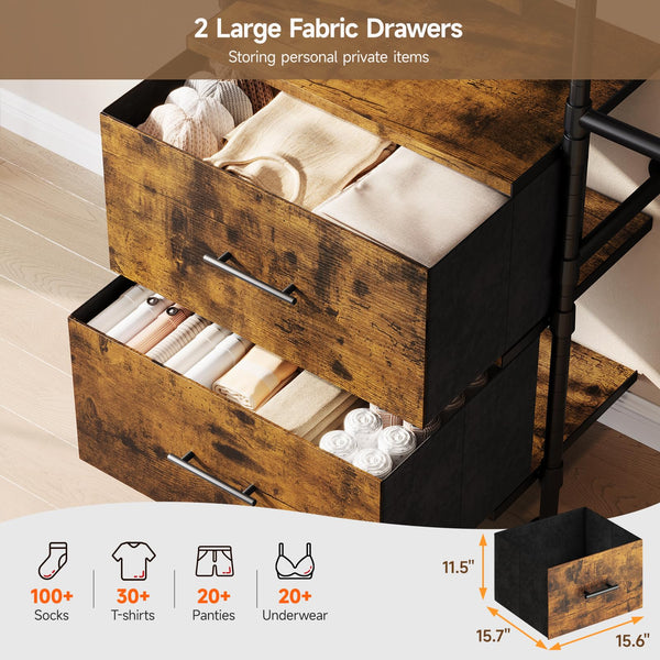 Wall Mounted Industrial Pipe Clothing Rack with Drawers & Shelves