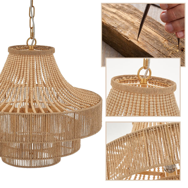 20" Boho Wood Beaded Rattan Chandelier Pendant Light, 6-Light