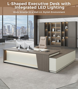 L-Shaped Executive Desk with Drawers & LED Lighting