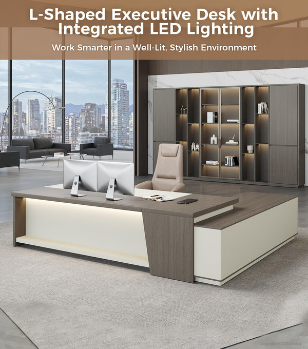 L-Shaped Executive Desk with Drawers & LED Lighting
