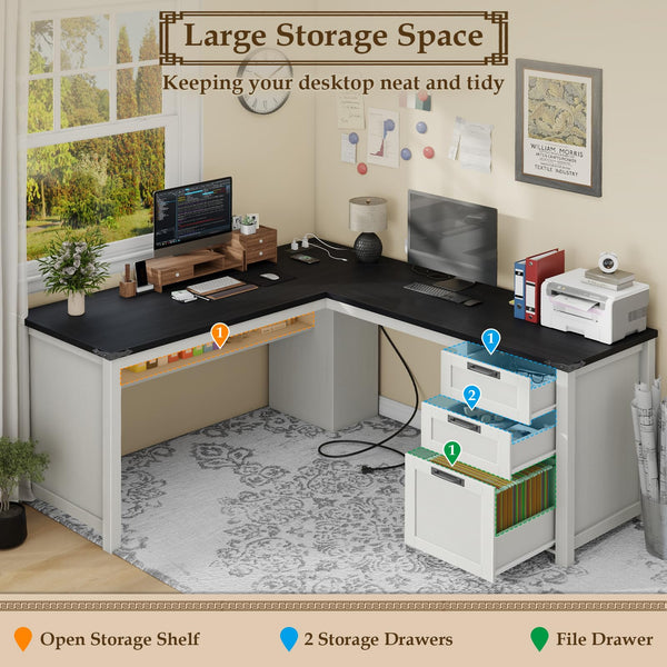 L-Shaped Executive Desk with Drawers, Power Outlets & Storage Shelf