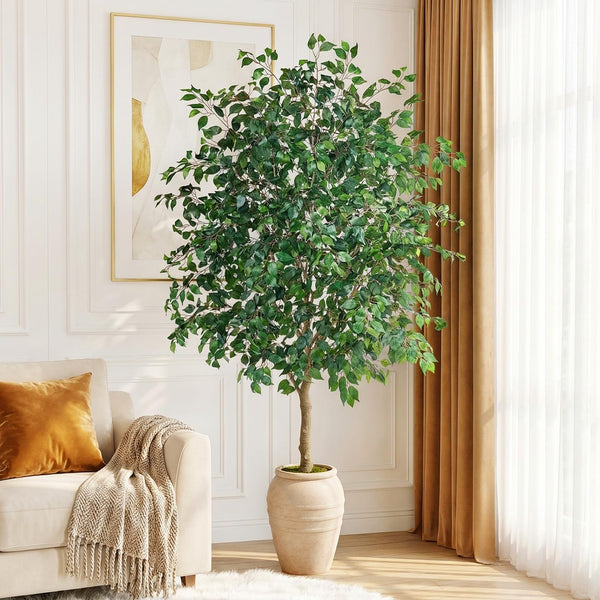 Tall Artificial Ficus Tree with Planter – Silk Leaves Indoor Faux Plant