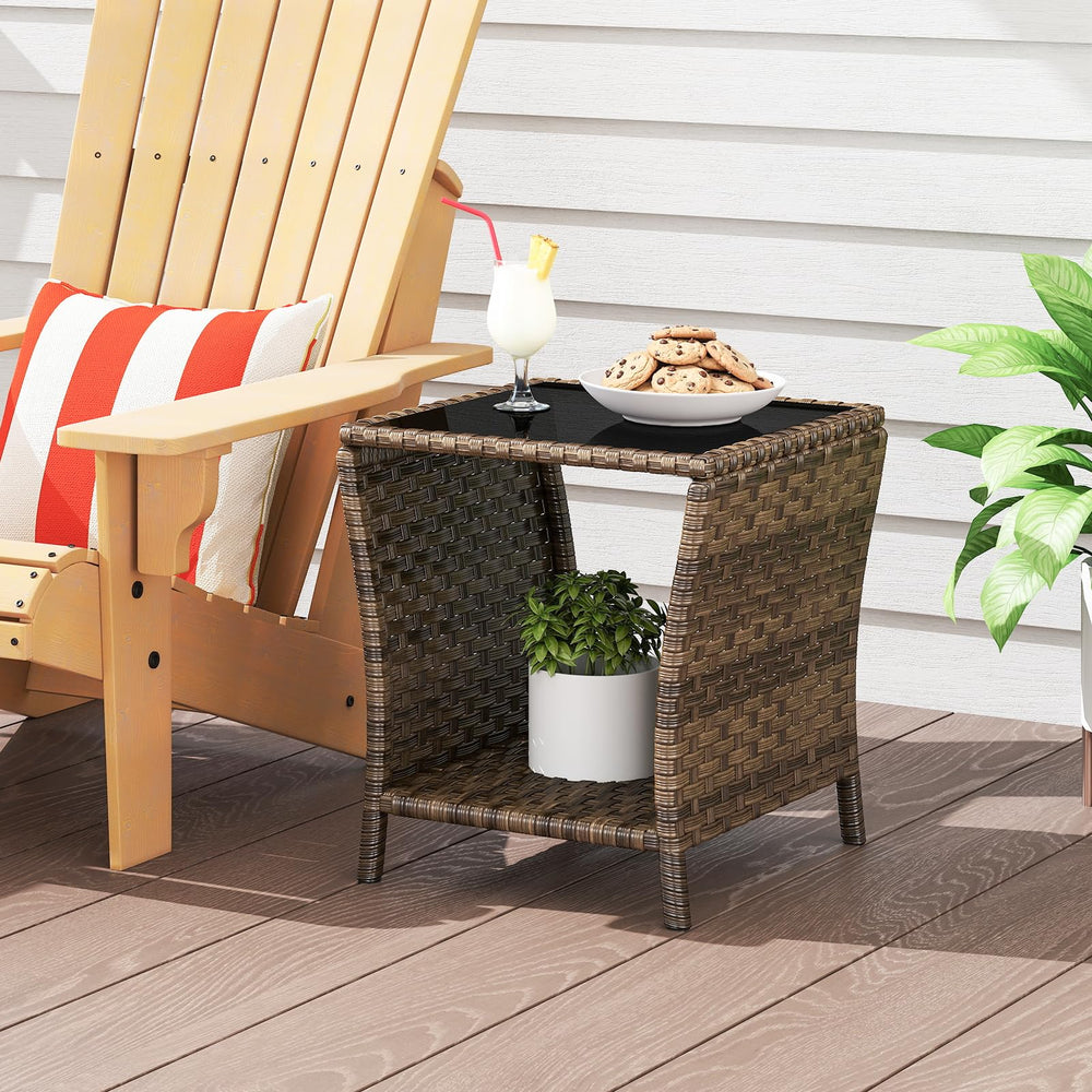 Outdoor Wicker Side Table with Glass Top