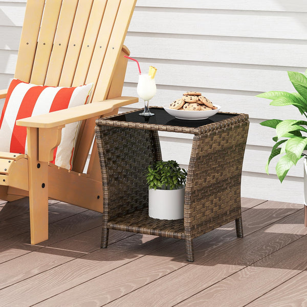 Outdoor Wicker Side Table with Glass Top
