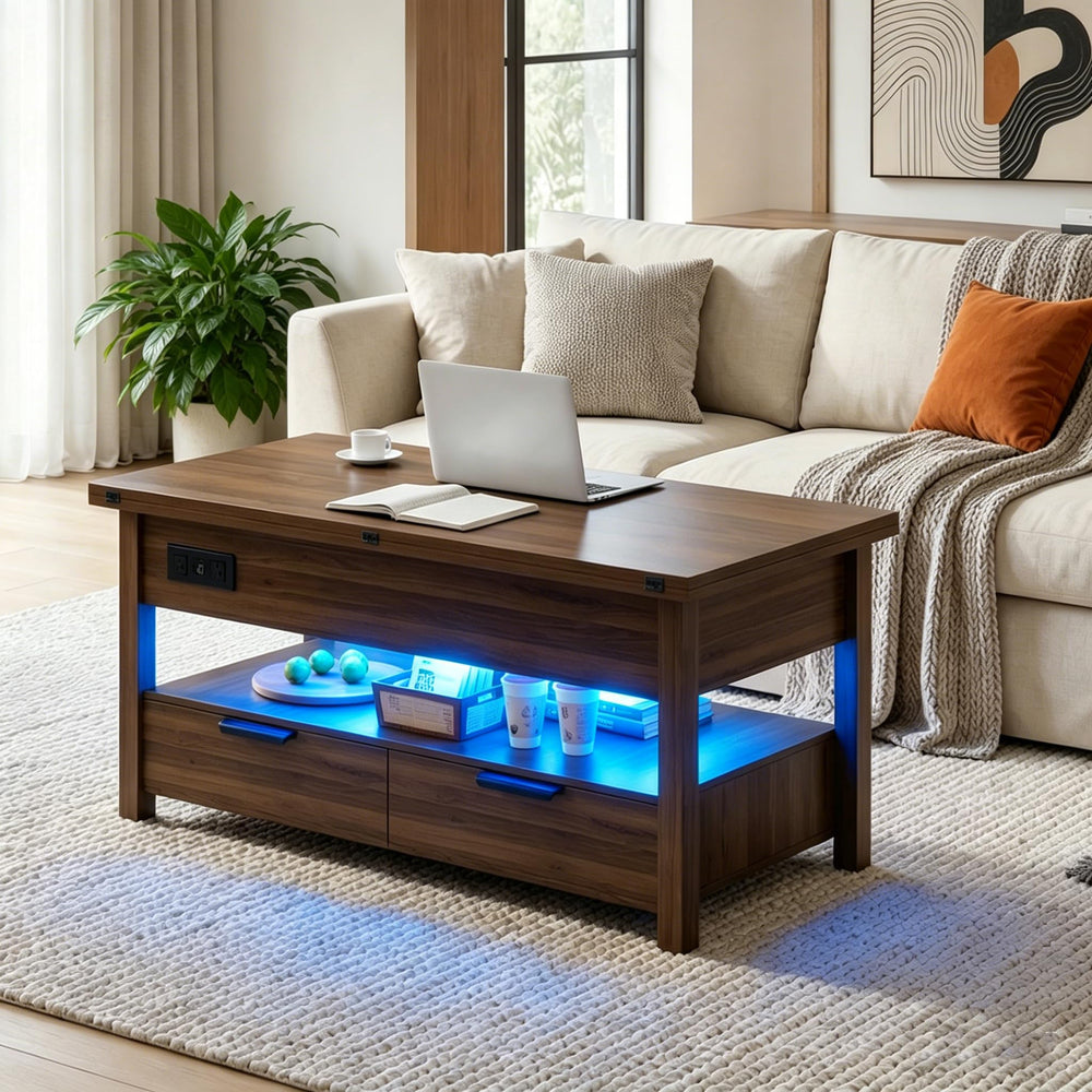 Lift Top Coffee Table with Power Outlets, LED Lights & Storage