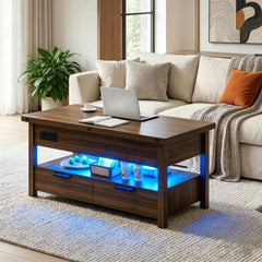 Lift Top Coffee Table with Power Outlets, LED Lights & Storage