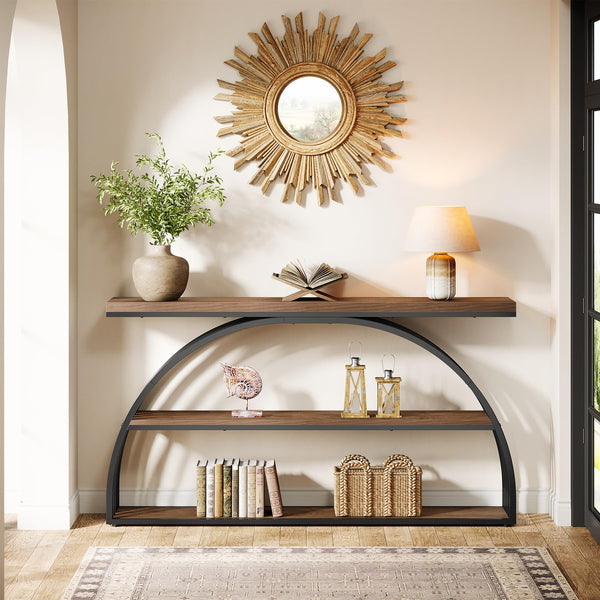 63-Inch Arched Console Table with 3-Tier Shelves
