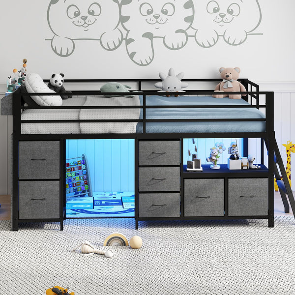 Twin Low Loft Bed with Storage Drawers, Bookcase & LED Lights