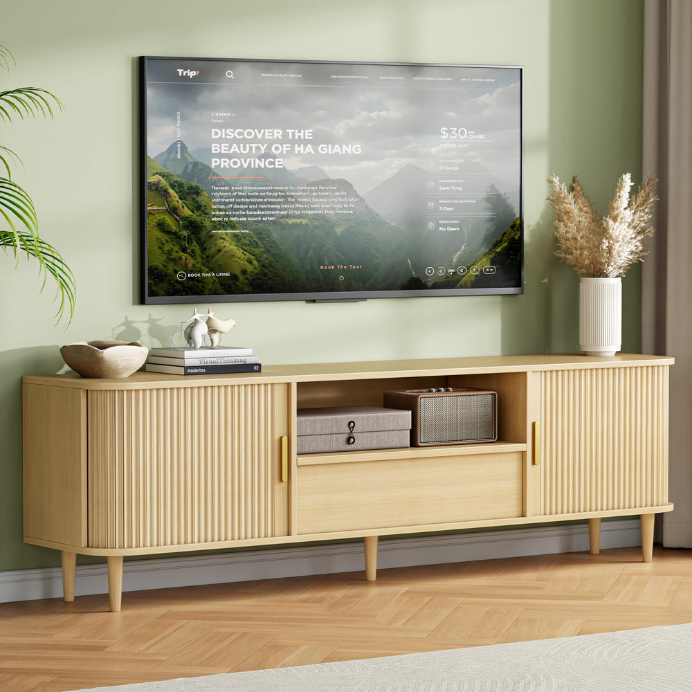 Modern Fluted TV Stand with Sliding Doors — Oak, Fits TVs Up to 80"