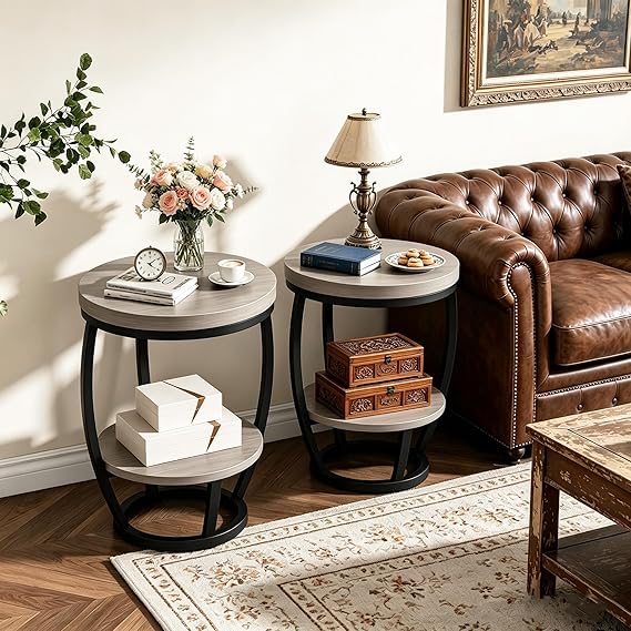 2-Tier Round Industrial End Table with Metal Frame