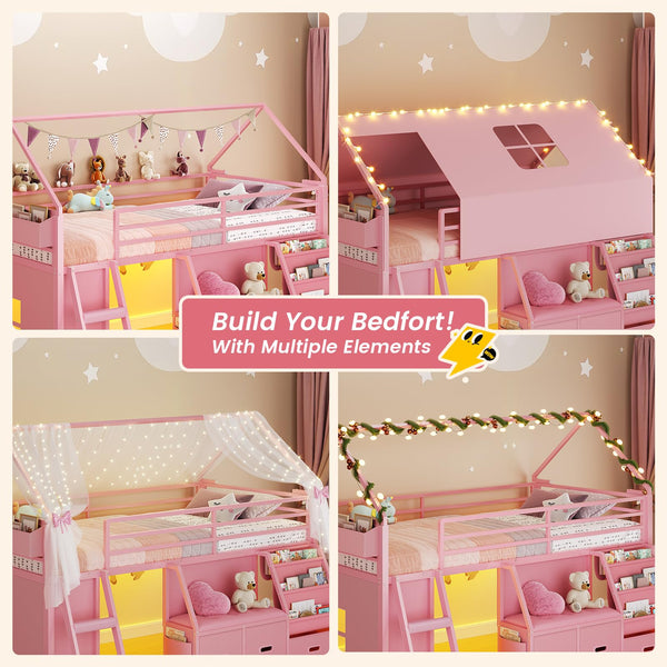 Kids Low Loft Bed Twin with Bookshelf & Reading Nook