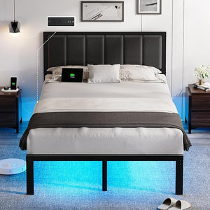 OLEVS Queen Bed Frame with Headboard Metal Platform Bed Queen Size with USB Charging Station and LED Lights, No Box Spring Needed