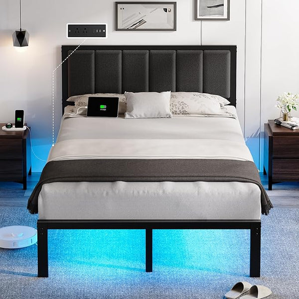 OLEVS Queen Bed Frame with Headboard Metal Platform Bed Queen Size with USB Charging Station and LED Lights, No Box Spring Needed
