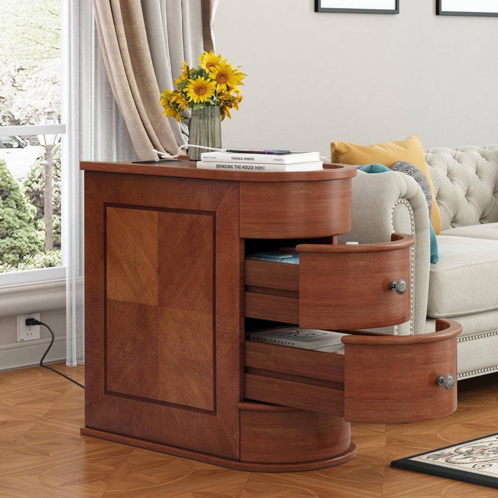 Narrow End Table with Charging Station & 2 Drawers, Fully Assembled