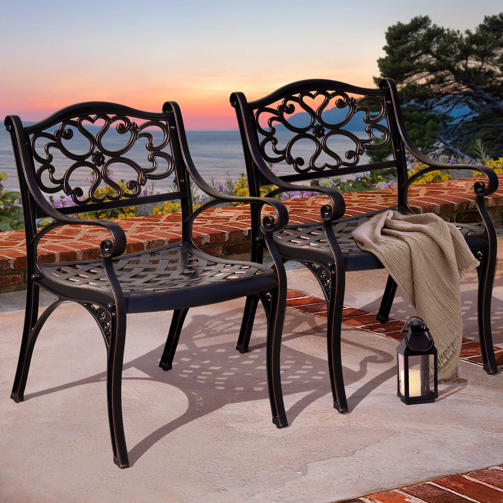 Outdoor Cast Aluminum Patio Dining Chairs with Armrest, Set of 2 – Hammered Bronze