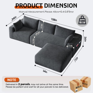108" Modular L-Shaped Cloud Sectional Sofa with Deep Seat & Chaise