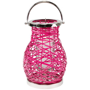 Pink Woven Iron Pillar Candle Lantern with Glass Hurricane