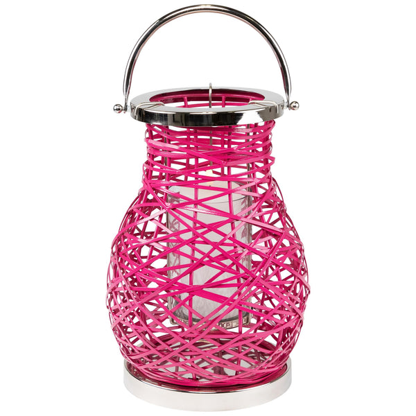 Pink Woven Iron Pillar Candle Lantern with Glass Hurricane