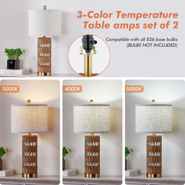 Rattan Table Lamp Set of 2 with USB Charging Ports – 28" Rustic Bedside Lamp