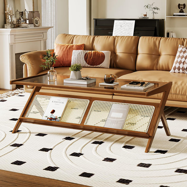 Bamboo Glass Top Coffee Table with Rattan Shelf