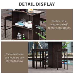 5-Piece Outdoor Rattan Wicker Bar Set with High Top Table and 4 Bar Stools