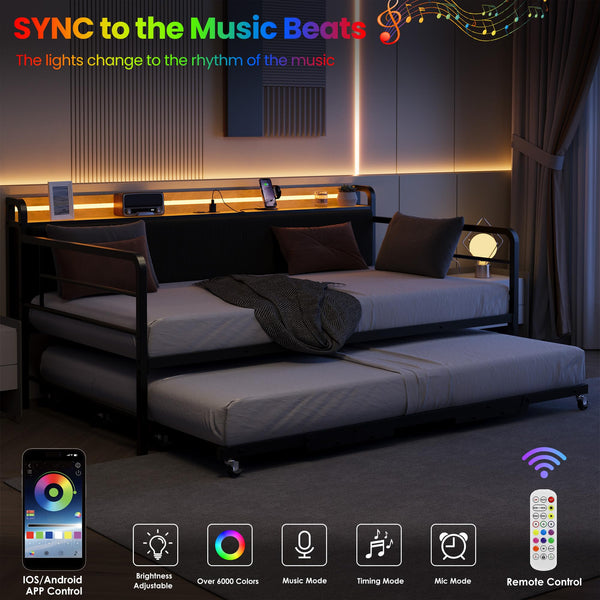 Twin Daybed with Pop-Up Trundle, RGB LED & Charging Station