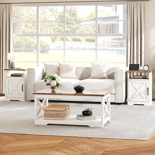 3-Piece Farmhouse Coffee & End Table Set with Charging Station