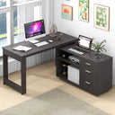 L-Shaped Desk with File Cabinet & Power Outlets – 60 Inch Corner Computer Desk