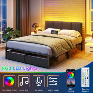 Full Size Bed Frame with LED Lighting, USB Charging & Storage Drawers