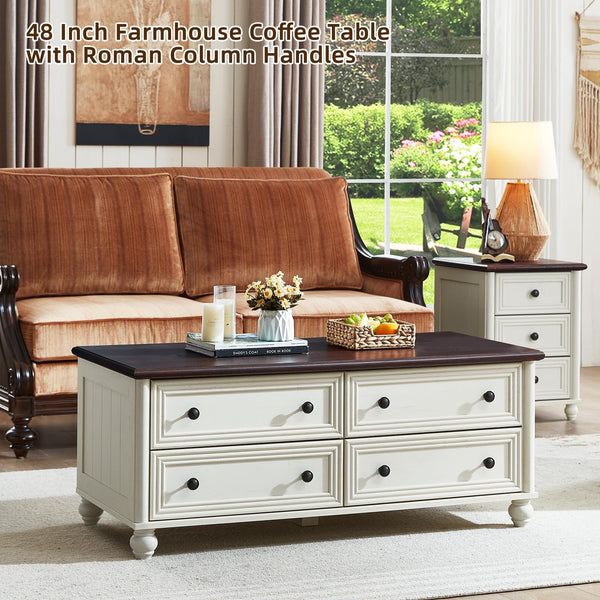 Farmhouse Coffee Table with 4 Drawers & Hidden Storage