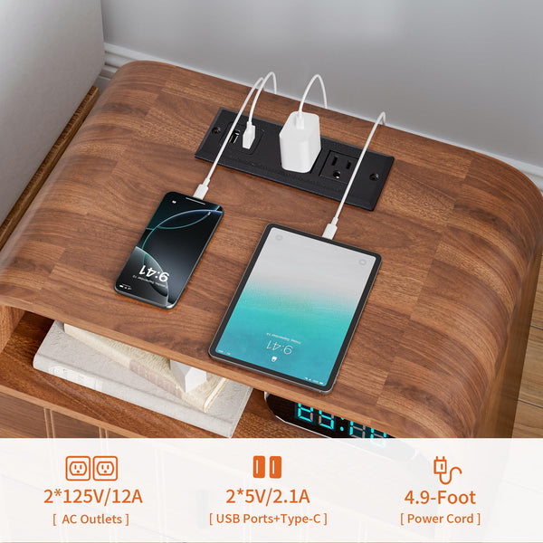 Mid-Century Modern Nightstand with Charging Station & 2 Drawers