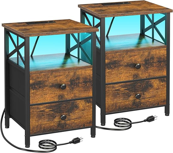 Nightstand Set of 2 with Charging Station & LED Lights