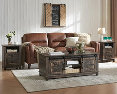 3-Piece Farmhouse Living Room Table Set with Sliding Barn Doors & Charging Station