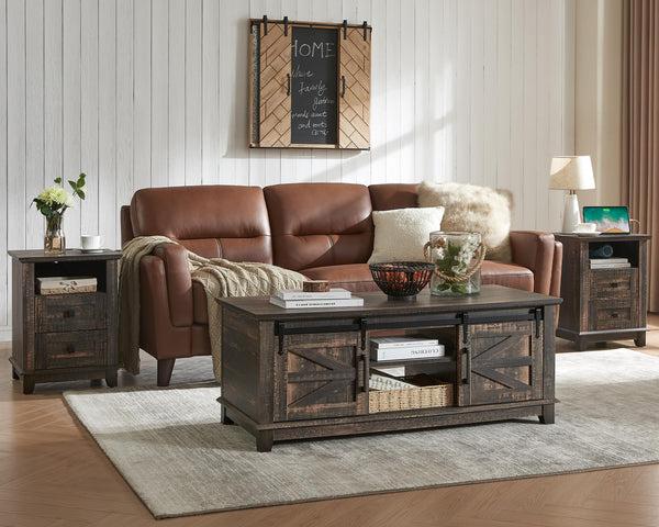 3-Piece Farmhouse Living Room Table Set with Sliding Barn Doors & Charging Station