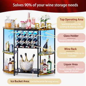 3-Tier Wine Bar Cabinet with LED Lights, Glass Holder & 12-Bottle Storage