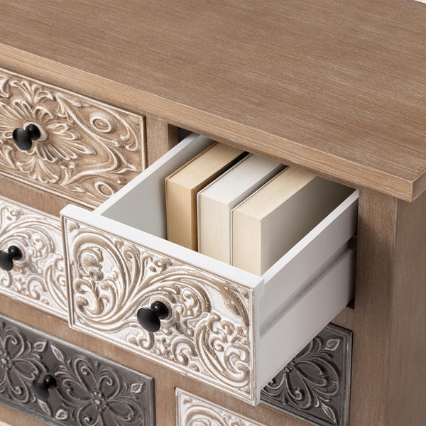 Boho Wood Accent Cabinet with Hand-Carved Drawers – Fully Assembled