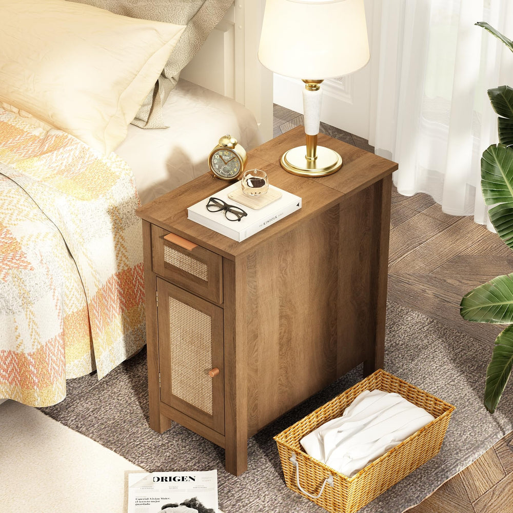 Narrow End Table with Charging Station – Midcentury Rattan Side Table with USB Ports & Storage