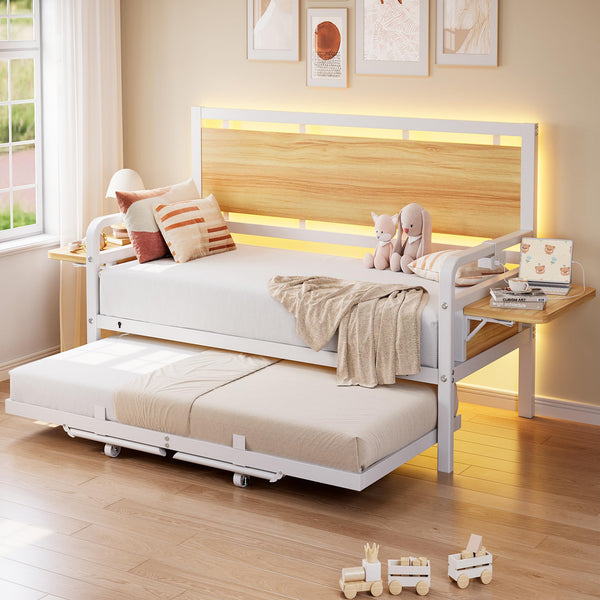 Twin Daybed with Pop-Up Trundle, RGB LED Headboard & Charging Station