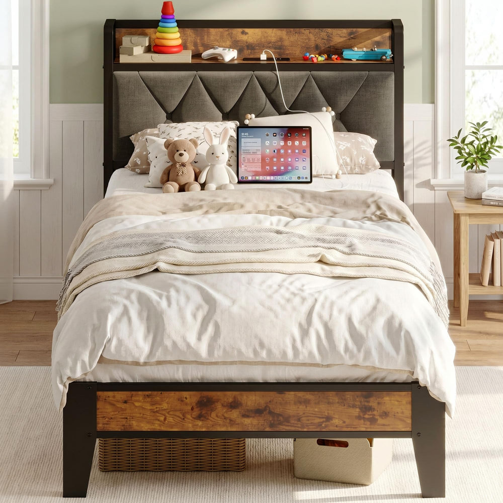 Twin Size Upholstered Bed Frame with Storage & Power Outlets