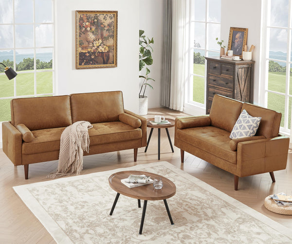 Mid-Century Modern Faux Leather Loveseat Sofa – 2-Seater, Brown