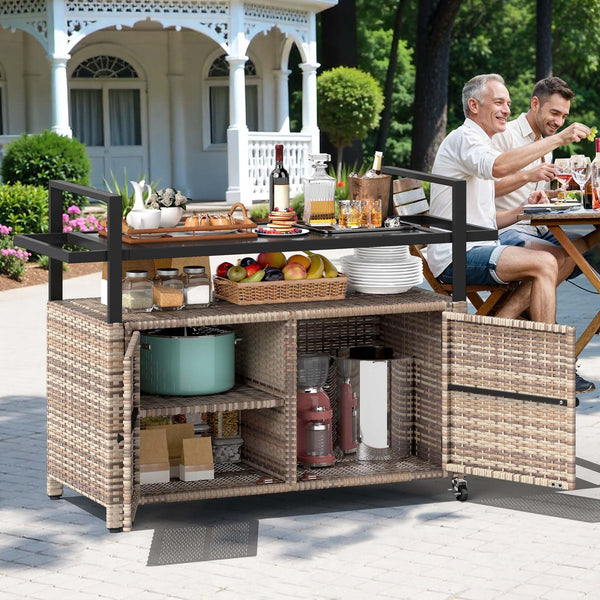 Outdoor Bar Cart with Storage Cabinet & Glass Top