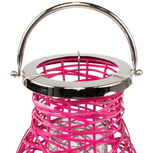 Pink Woven Iron Pillar Candle Lantern with Glass Hurricane