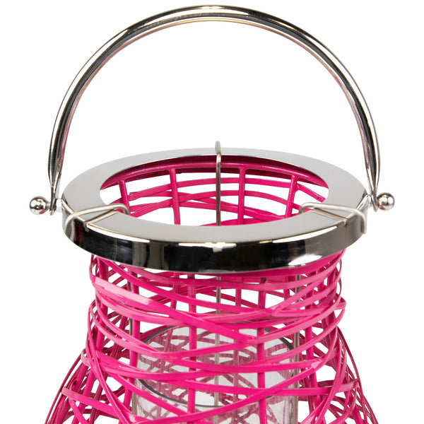 Pink Woven Iron Pillar Candle Lantern with Glass Hurricane