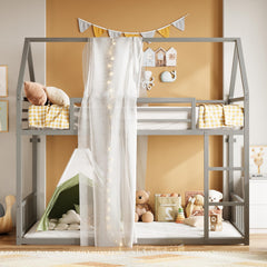 Twin Over Twin House Bunk Bed with Ladder & Guardrail